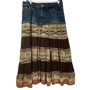 Vtg Donna Moore Midi Maxi Skirt Denim Patchwork Tiered Western 90s Y2K Sz 11/12